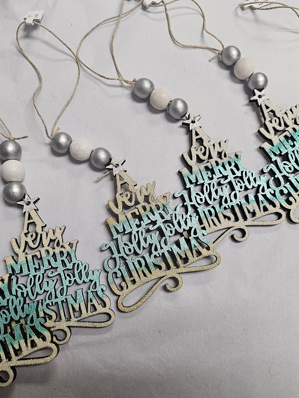 'A Very Merry Holly Jolly Christmas' Teal & Silver Tree Hanging Ornaments